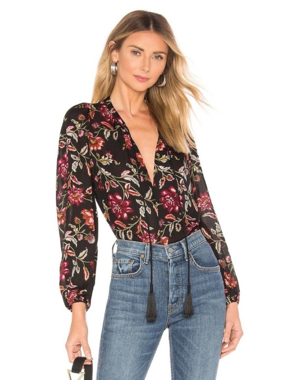 A.L.C. Black Floral Tassel-Front Silk Blouse